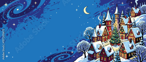Christmas Winter Village Night Scene with Decorated Houses and Snowy Trees