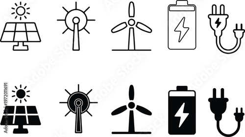 Renewable Energy and Electricity Line Icons Set, Solar Panel, Wind Turbine, Battery, Charging Plug, Sun Power, Clean Energy Outline Vector Pack for UI UX
