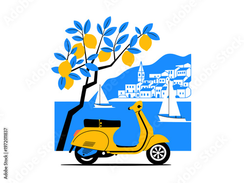 Yellow Scooter Parked Under Lemon Tree By The Sea With Mediterranean Town In Background For Travel And Transportation Concepts