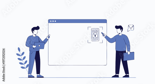Two Men Presenting an Online Document with a Blank Space for Text.