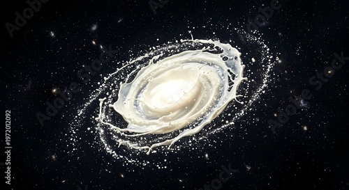 A spiraling splash of white liquid resembling a galaxy is set against a dark star speckled background.