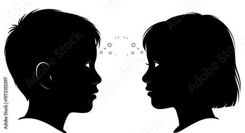Children's Silhouettes Facing Each Other, Connection and Communication Concept