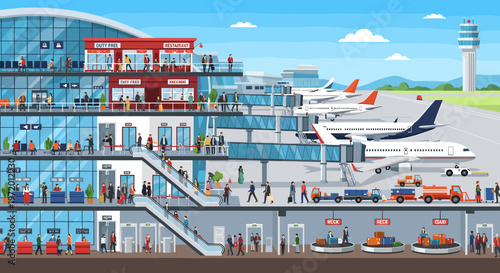 Cross-section view of a modern airport terminal showcasing passenger flow, check-in, security, boarding gates, and aircraft on the tarmac.