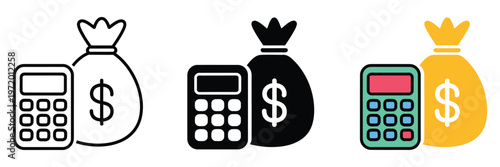 Calculator and money bag icon set for financial accounting, budget planning, profit calculation, tax preparation, business expense management tools