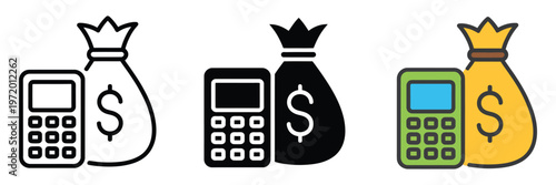 Calculator and money bag icon set for accounting, budget management, profit and loss calculation, tax filing, business finance organization, financial planning symbols