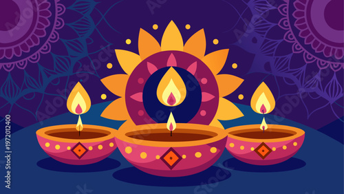 Traditional indian diya lamps with flames during festival celebration