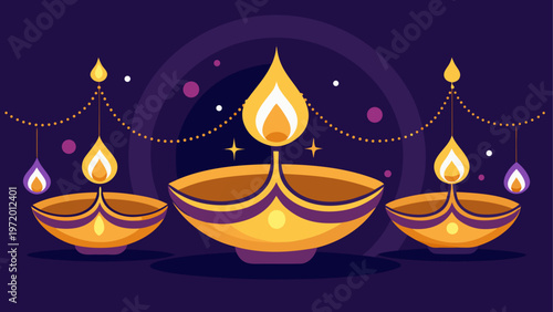 Diya lamps with flames glowing in a festive arrangement