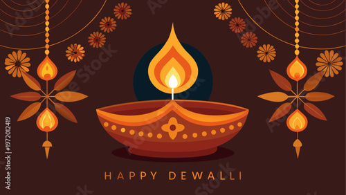 Diya lamp with intricate floral patterns and glowing flames for diwali