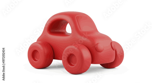 A cartoon-style red car toy, with round wheels and body, sitting against a white backdrop