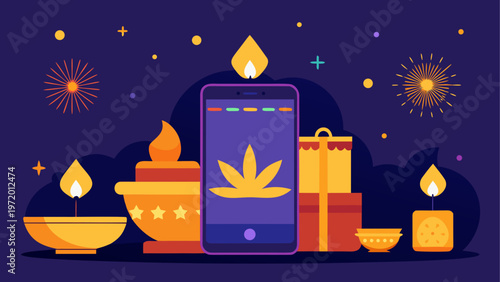 Colorful diya lamps arranged in a festive display with cannabis leaf design