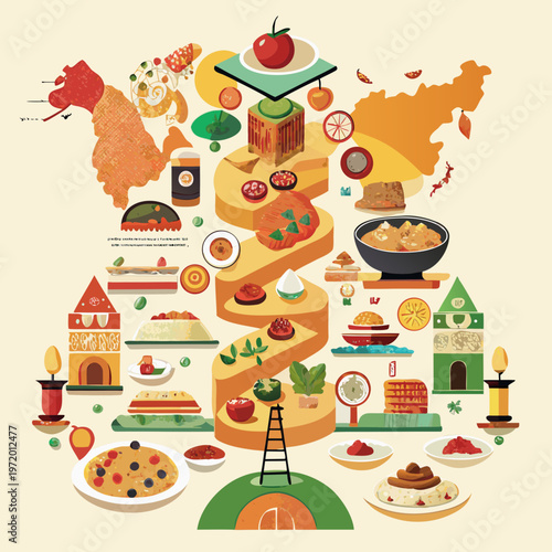 A colorful illustration of korean cuisine and cultural elements