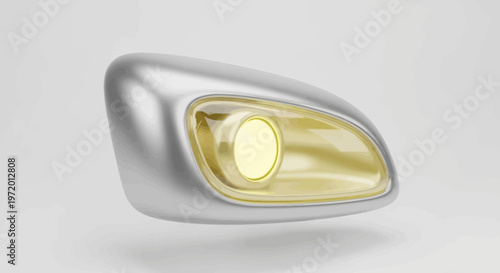 A 3D rendered, chrome-like car headlight with a yellow bulb and a shaded background