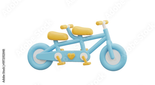 A 3D rendered tandem bicycle with blue frame, yellow seats and heart