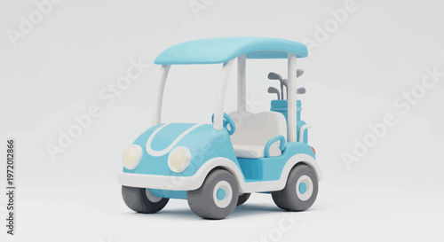 A stylized cartoon golf cart, light blue and white, with golf clubs. Against a soft grey background