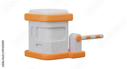 A cartoon barrier control building with orange and grey design, arm extended