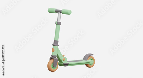 A 3D rendered scooter in light green with brown wheels and a gray frame