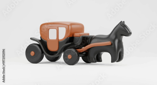 A stylized toy carriage pulled by a horse against a white backdrop