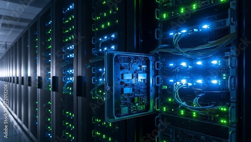 Server racks with blinking lights in a data center.