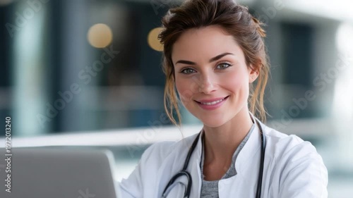 Dedicated Healthcare Professional at Work: A close-up of a smiling medical professional, radiating confidence, at work with a stethoscope, embodying care and expertise.