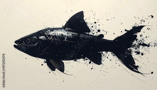 Black Fish Silhouette - Artistic Ink Splash on Neutral Background.
