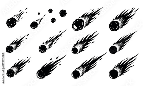 Collection of various meteorites streaking through space with different sizes and trails