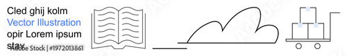 Education, business logistics, cloud storage, online learning, supply chain, graphical . Minimalist line art with a book, cloud and boxes on a trolley. Education and business logistics