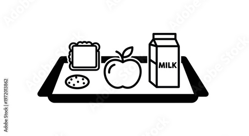 School Lunch Tray Icon: Sandwich, Apple, Cookie, Milk Carton - Simple Line Art