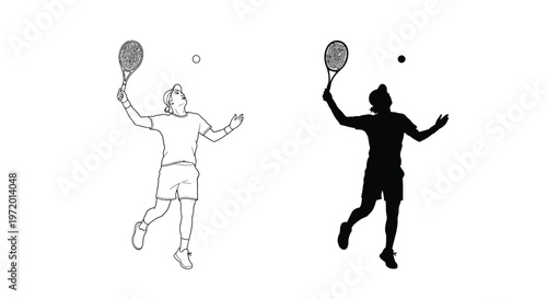Modern sports illustration of a tennis player performing an overhead serve with strong action.