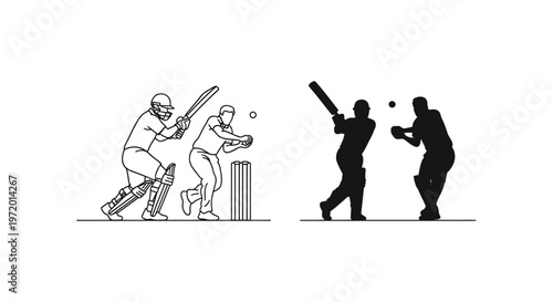 Detailed vector illustration of cricket players featuring a batsman and a wicket keeper in action
