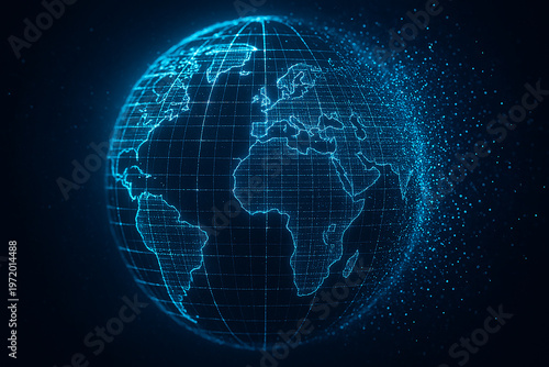 Digital neural network globe with glowing blue circuits and particle effects for futuristic technology concept