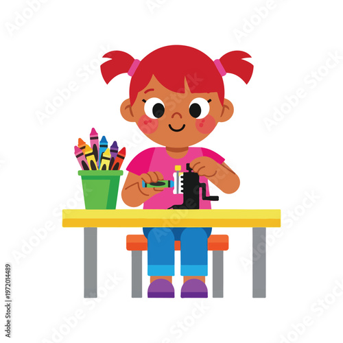 Cute little girl reading book cartoon illustration with smile and happiness