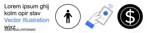 Digital payments, e-commerce, user authentication, financial transactions, mobile verification, online security. Icons of a person, hand holding device and dollar symbol. Digital payments