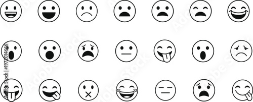 Set of black and white vector icons featuring eggs and buttons alongside cartoon smiley face emoticons with varied facial expressions and emotions