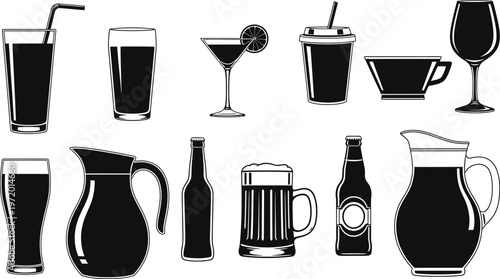 Vector illustration set of beverage icons featuring beer, wine, coffee, and cocktails in glass bottles and cups for bar or restaurant design