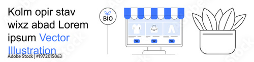 E-commerce, online shopping, eco-friendly products, sustainability, small business branding, digital retail. Website with a shop canopy, bio label potted plant. E-commerce and sustainability concept