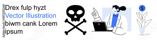 Business ethics, healthcare risks, financial decisions, consulting, workplace awareness, productivity. Skull with crossbones, person using a laptop and a growing money plant. Business ethics