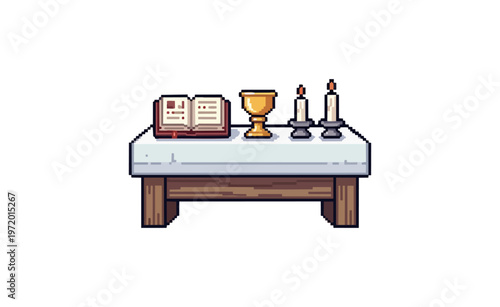 Pixel art altar with book chalice and candles illustration