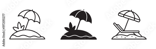 Beach umbrella icons with tropical island and lounge chair elements for summer vacation trip.