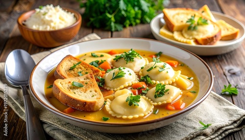 Delicious Ravioli Soup with Toasted Bread and Fresh Herbs.