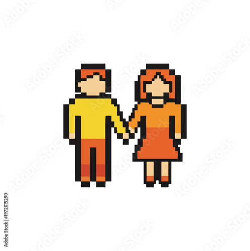 Pixelated couple holding hands against black background