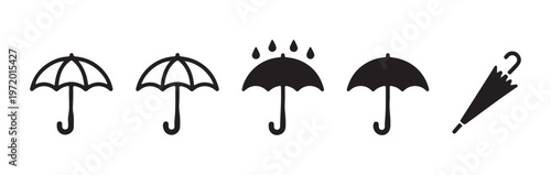 Weather umbrella icons set with rain drops and folded umbrella silhouette for design needs.