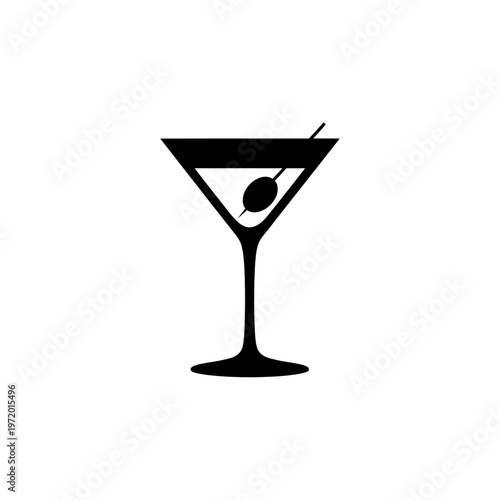 A simple black silhouette of a martini glass with an olive garnish on a white background