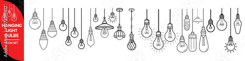 Hanging Light Bulbs Illustration Decorative Lighting Fixtures Black and White Vector Design Electric Lamp Idea Concept Creative