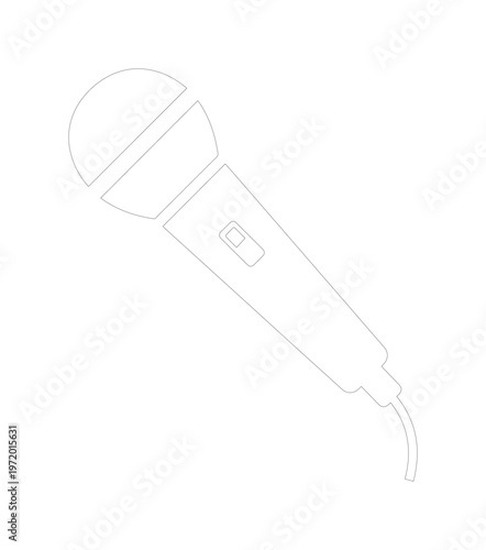シンプルなマイクの線画イラスト、音声入力や歌唱、スピーチを象徴するミニマルなベクターアイコン、録音やライブイベントに最適なモノクロデザイン