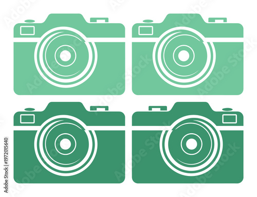 ミントグリーンとダークグリーンのデジタル一眼レフカメラアイコン4個セット、写真撮影とメディア関連のウェブサイトやアプリに最適なベクターイラスト素材