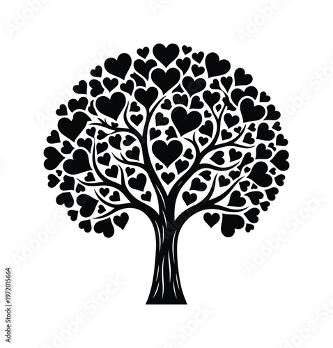 愛の木、ハートの葉が茂るロマンチックなシルエットイラスト。バレンタインデーや結婚式のデザインに最適な、感情豊かなベクターアート。