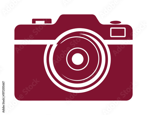クラシックなバーガンディ色のカメラアイコン、写真撮影とクリエイティブな表現を象徴するシンプルなベクターイラスト。写真、メディア、アート関連プロジェクトに最適なデジタルグラフィック素材。