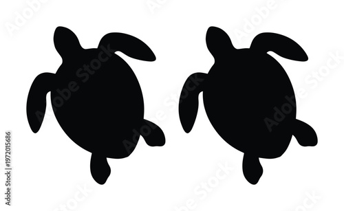 シンプルでモダンな黒いウミガメのシルエット、水生生物のアイコン、海洋動物のベクターイラスト素材。環境保護や自然をテーマにしたデザインに最適です。