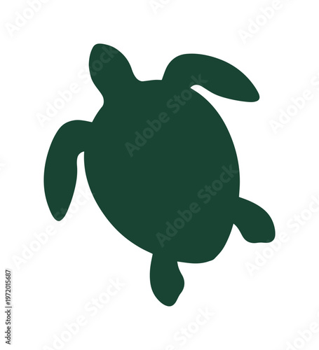 ウミガメのシルエットイラスト、シンプルでモダンなダークグリーンのベクターアイコン、海洋生物と自然保護のシンボル、環境デザイン素材