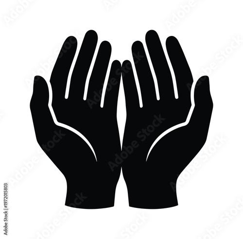 祈りの手、差し伸べられた手のひら、助けを求めるジェスチャー、信仰と希望を象徴するシンプルな黒いベクターアイコンイラスト